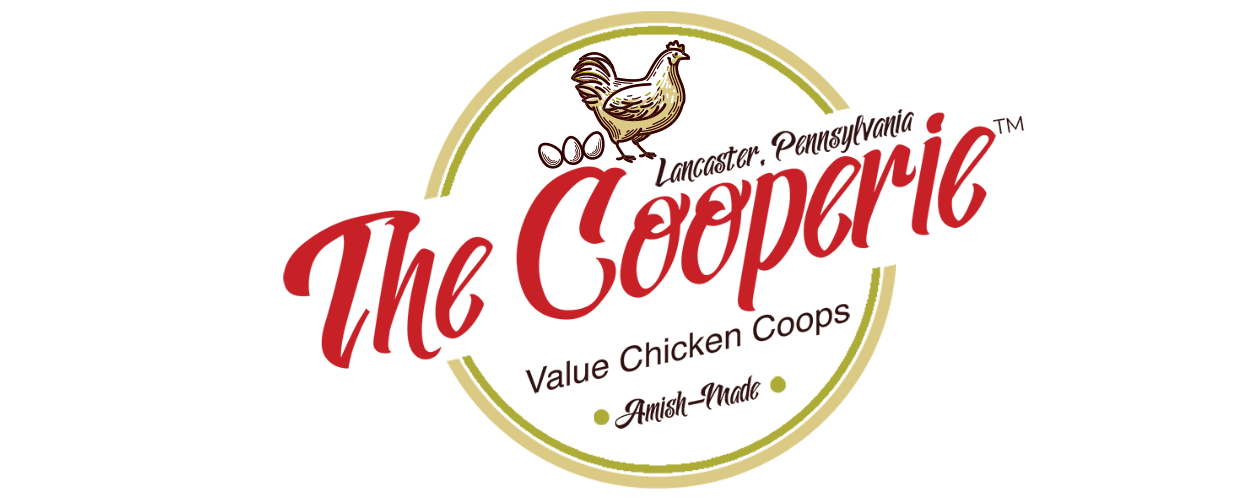 the cooperie logo looks old fashioned because it represents times past and old fashioned value - quality chicken coops at a reasonable price - red, green, yellow and brown colors with an illustrated chicken who has apparelty laid illustrated eggs