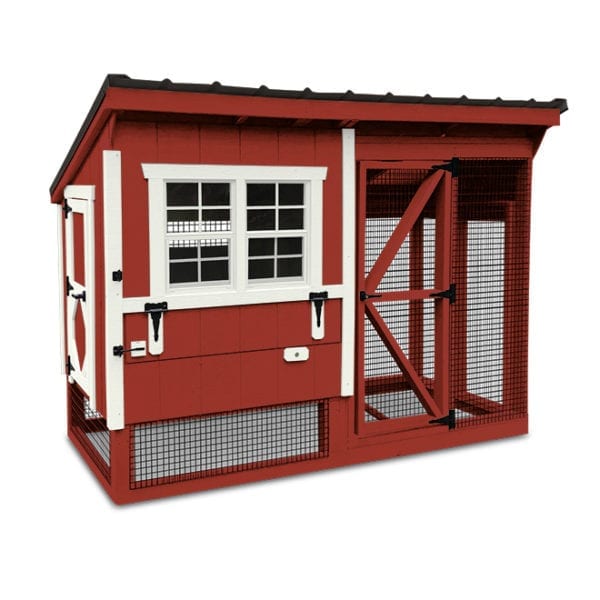 Combination chicken coup in a built state. it has a chicken run and an attached enclosed chicken run. the chicken pen has a roof. There is black wire on the run. The run is also under the coop. This coop has two windows with white trim.