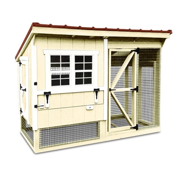 yellow chicken coop with attached chicken run and red metal roof made from wood