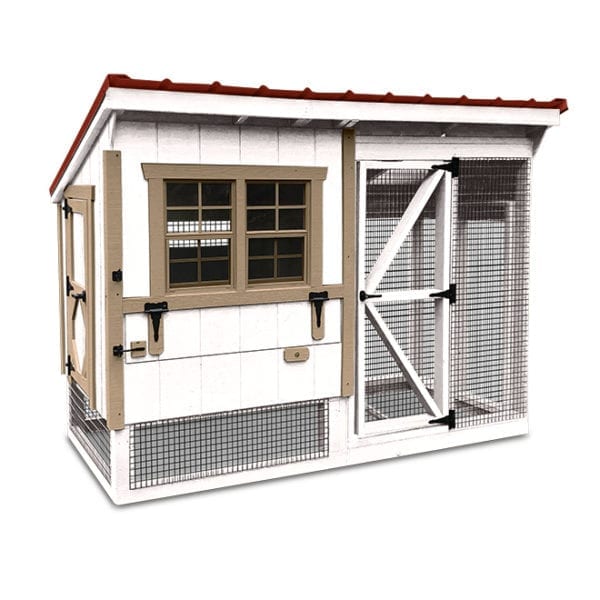 combination chicken coop with white wooden siding