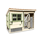 dreamy yellow color paint and fresh green trim and copper metal roof with insulation make this chicken coop look awesome - it is a designer style and include both the chicken coop and chicken run under one roof - it is very attractive and will work great for back yard chickens