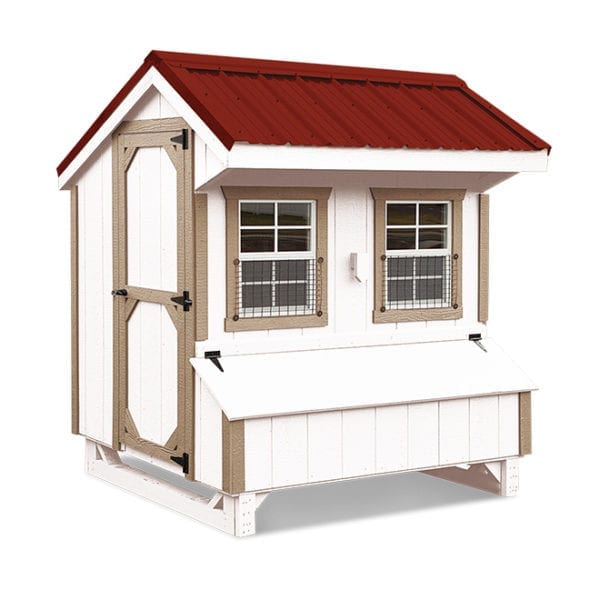 lovely lancaster red roof on white chicken coop with golden trim