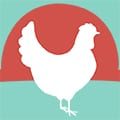 05_benecoop_icon_divider_chicken_silo_orange_background_green_behind Silo white chicken on sunrise orange background, bordered by benecoop green